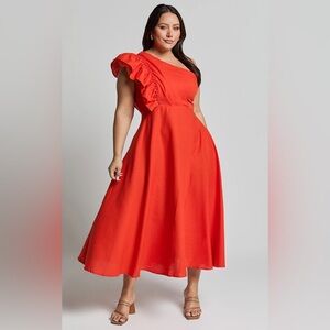 Showpo Dixie One-Shoulder Red-Orange Ruffle Midi Dress NWT